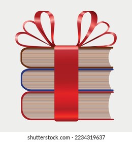 Books as a gift logo icon banner concept with red satin bow isolated on white background. Realistic vector illustration.