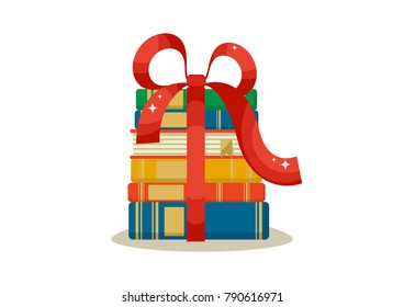 Books gift. Stack of books with ribbon on white background Vector illustration.