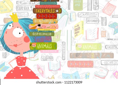 Books and Girl Reading Studying Library Template. Empty template for reading and studying. Vector cartoon.