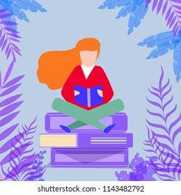 books and girl vector flat illustration