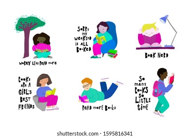 Books girls boy nerd best friend Reading cute character inspiration illustration lettering typography. Positive quote postcard graphic design cutout element Hand drawn vector sign bookmark life style