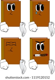 Books giving a hand. Cartoon book collection with angry and sad faces. Expressions vector set.