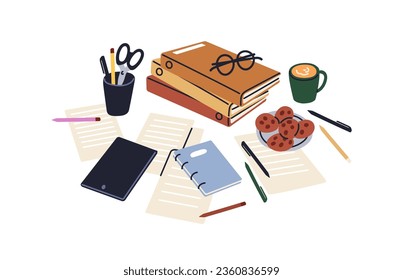Books, glasses, coffee cup, papers, pens composition. Notebook, diary, tea mug and digital tablet on table. Education, study and research. Flat vector illustration isolated on white background