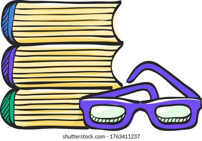 Books and glasses icon in color drawing. Education student college research library