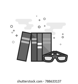 Books and glasses icon in flat outlined grayscale style. Vector illustration.