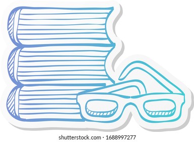 Books and glasses icon in sticker color style. Education student college research library
