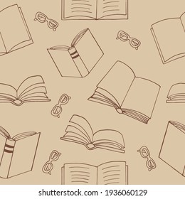 books and glasses seamless pattern. hand drawn doodle style. vector, minimalism, sketch. wallpaper, textile, wrapping paper, background reading education bookstore science