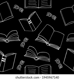 los libros y las gafas son un patrón sin fisuras. estilo doodle dibujado a mano. vector, minimalismo, monocromo, boceto. fondo de pantalla, textil, papel de envoltura, lectura de fondo, ciencias de la librería