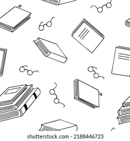 books and glasses seamless pattern hand drawn in doodle style. 