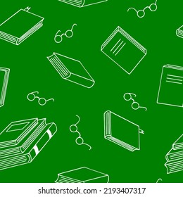 books and glasses seamless pattern hand drawn in doodle style. vector, minimalism, sketch. wallpaper, textile, wrapping paper, background. reading, education, bookstore, science.