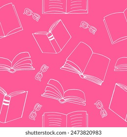 books and glasses seamless pattern. hand drawn doodle style.