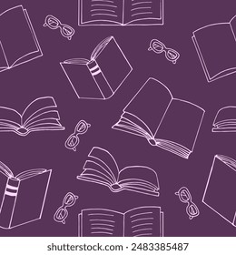 books and glasses seamless pattern. hand drawn doodle style.