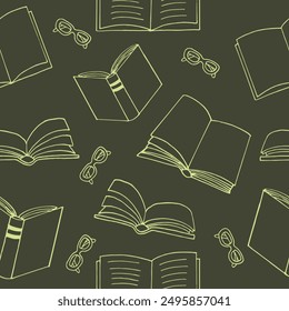 books and glasses seamless pattern. hand drawn doodle style. vector, minimalism, monochrome. reading, education, bookstore, science