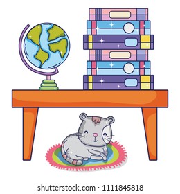 books and global desk in the table and cat