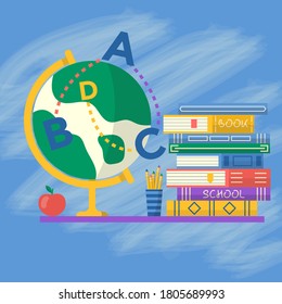 Books and globe for Back to school poster. Vector template for banner, promo, invitation, ad