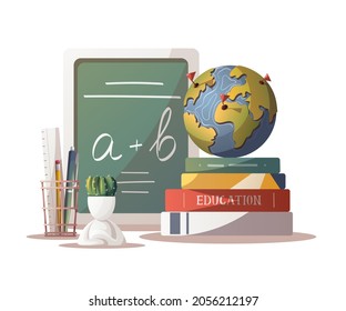 Books, globe, chalkboard and supplies. Studying, education, learning, back to school, student, stationery concept. Isolated vector illustration for poster, banner.