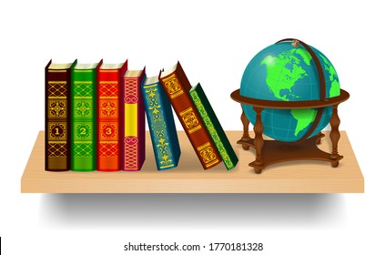 Books and globe on a wooden bookshelf. A row of multi-colored realistic books Isolated on a white background. Vector illustration