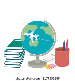 Books, globe, and pens etc.