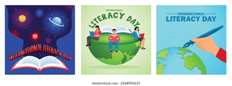 Books and globe. People reading books. Celebrating International Literacy Day. Happy Literacy Day concept. Set flat vector illustration.