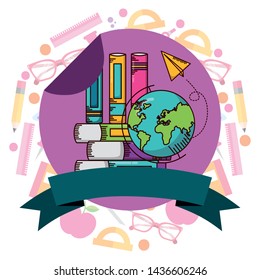books globe school paper plane supplies teacher day sticker vector illustration