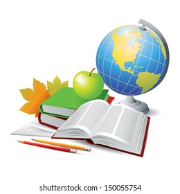 Books and globe. Vector Illustration