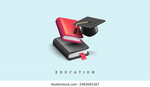 Books and a graduate cap, 3D. Banner for concepts of education, online courses, science, library, self-development, and lifestyle. Vector