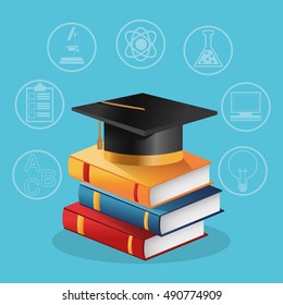 Books graduation cap and icon set design
