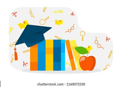 Books with graduation cap on them. Idea of knowledge and education. Isolated flat vector illustration