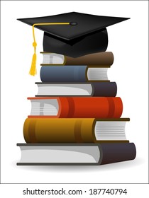 Books with the graduation cap Six books and graduation cap as symbol of graduation. Editable vector illustration. 