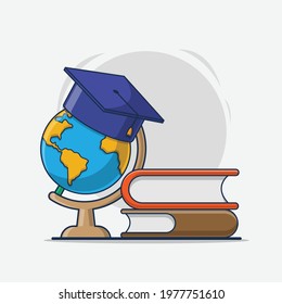 books, graduation caps, globe. education concept icon isolated cartoon illustration