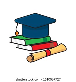 Books and graduation hat vector illustration isolated on white background. Graduation hat and books clip art