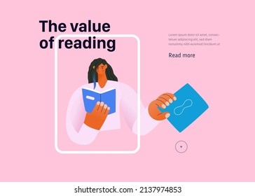 Libros gráficos - libros de eventos de la semana. Modernas ilustraciones de concepto de vector plano de lectura de personas - una joven mujer leyendo y compartiendo libro, aterrizando plantilla de página web