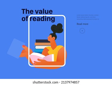 Libros gráficos - libros de eventos de la semana. Modernas ilustraciones de concepto de vector plano de lectura de personas - una joven mujer leyendo y compartiendo libro, aterrizando plantilla de página web