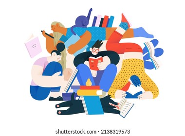 Books graphics -book week events. Modern flat vector concept illustrations of reading people - a group of men and women reading and sharing books and e-books on tablets sitting surrounded by plants