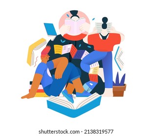 Books graphics -book week events. Modern flat vector concept illustrations of reading people - a group of men and women reading and sharing books and e-books on tablets sitting surrounded by plants