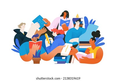 Books graphics -book week events. Modern flat vector concept illustrations of reading people - a group of men and women reading and sharing books and e-books on tablets sitting surrounded by plants