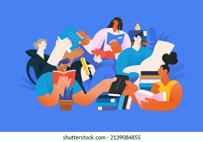 Libros gráficos - libros de eventos de la semana. Concepto vectorial plano moderno ilustraciones de personas lectoras - un grupo de hombres y mujeres leyendo y compartiendo libros y libros electrónicos sobre tabletas sentados rodeados de plantas