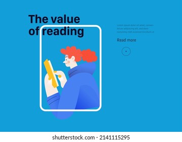 Books graphics -book week events. Modern flat vector concept illustrations of reading people - a young woman reading and sharing book, landing webpage template