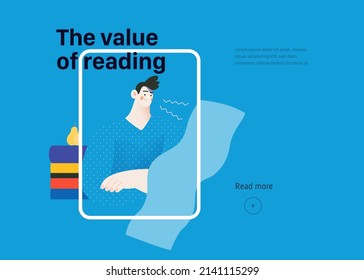 Books graphics -book week events. Modern flat vector concept illustrations of reading people - a young man reading and sharing book, landing webpage template