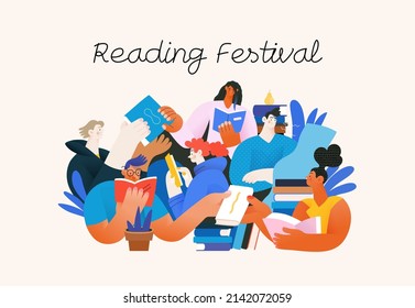 Books graphics -book week events. Modern flat vector concept illustrations of reading people - a group of men and women reading and sharing books and e-books on tablets sitting surrounded by plants