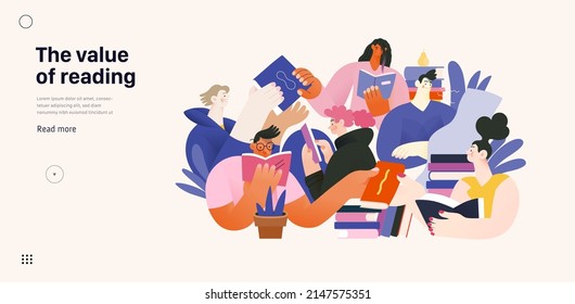 Libros gráficos - libros de eventos de la semana. Concepto vectorial plano moderno ilustraciones de personas lectoras - un grupo de hombres y mujeres leyendo y compartiendo libros y libros electrónicos sobre tabletas sentados rodeados de plantas