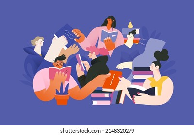 Libros gráficos - libros de eventos de la semana. Concepto vectorial plano moderno ilustraciones de personas lectoras - un grupo de hombres y mujeres leyendo y compartiendo libros y libros electrónicos sobre tabletas sentados rodeados de plantas