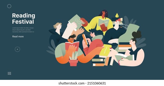 Books graphics -book week events. Modern flat vector concept illustrations of reading people - a group of men and women reading and sharing books and e-books on tablets sitting surrounded by plants