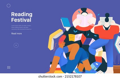 Books graphics -book week events. Modern flat vector concept illustrations of reading people - a group of men and women reading and sharing books and e-books on tablets sitting surrounded by plants