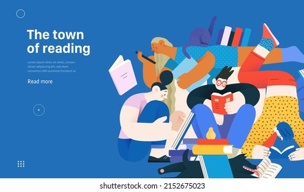 Books graphics -book week events. Modern flat vector concept illustrations of reading people - a group of men and women reading and sharing books and e-books on tablets sitting surrounded by plants