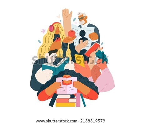 Books graphics -book week events. Modern flat vector concept illustrations of reading people - a group of men and women reading and sharing books and e-books on tablets sitting surrounded by plants