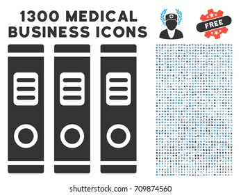 Books gray vector icon with 1300 medical business symbols. Clipart style is flat bicolor light blue and gray pictograms.