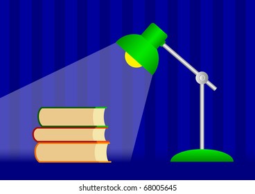 Books and green lamp