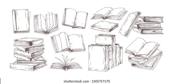 Books hand drawn illustrations set. Open diary, library textbook with empty pages isolated on white background. Closed notebooks stack, planners pile with blank hardback cover. Literature reading.