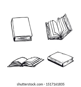 Books hand drawn illustrations set. Open diary, library textbook with empty pages isolated on white background. Closed notebook or book. Literature reading.